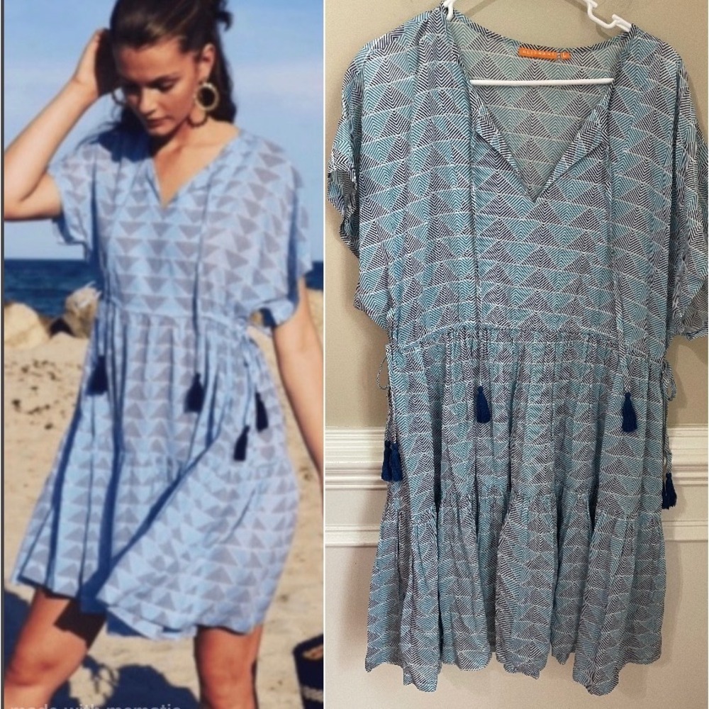 Oliphant Size L Blue Geometric Cotton Tiered Tassel Tie Beach Dress Swim Cover
